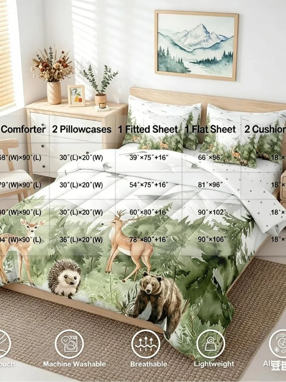 Giant Mountain Forest 7 Piece Comforter Set Twin Woodland Deer Bear Hedgehog Bir